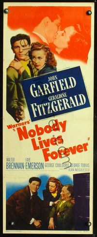 3j640 NOBODY LIVES FOREVER insert '46 John Garfield with gun & embracing Geraldine Fitzgerald!