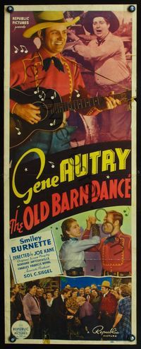 3j644 OLD BARN DANCE insert poster '38 great close up of Gene Autry with guitar, Smiley Burnette!