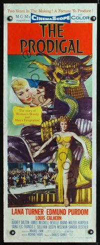 3j676 PRODIGAL insert poster '55 sexiest Biblical Lana Turner & Edmond Purdom, wild idol imagery!