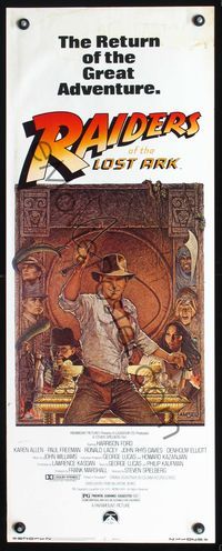 3j684 RAIDERS OF THE LOST ARK insert poster R82 great artwork of Harrison Ford by Richard Amsel!