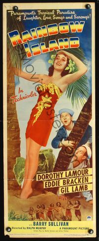 3j685 RAINBOW ISLAND insert poster '44 art of super sexy Dorothy Lamour wearing sarong by palm tree!