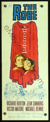 3j695 ROBE insert movie poster R63 romantic art of Richard Burton & Jean Simmons wrapped in robe!