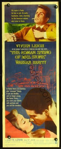 3j698 ROMAN SPRING OF MRS. STONE insert '62 romantic close up of Warren Beatty & Vivien Leigh!