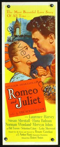 3j701 ROMEO & JULIET insert '55 close up of Laurence Harvey romancing Susan Shentall, Shakespeare!