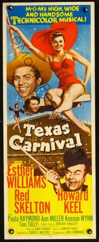 3j758 TEXAS CARNIVAL insert '51 artwork of Esther Williams in dunking booth swing, Red Skelton