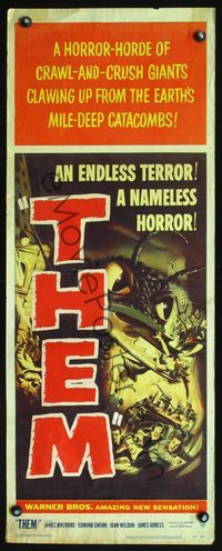 3j761 THEM insert '54 classic sci-fi, cool art of horror horde of giant bugs terrorizing city!