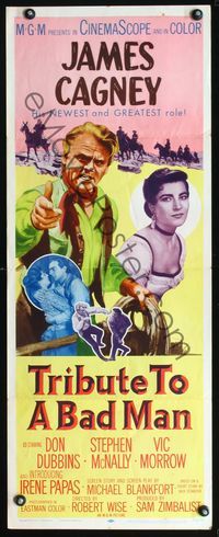 3j775 TRIBUTE TO A BAD MAN insert poster '56 great art of cowboy James Cagney & pretty Irene Papas!