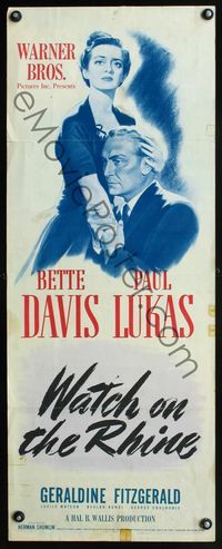 3j791 WATCH ON THE RHINE insert poster '43 artwork of Bette Davis & Paul Lukas holding each other!