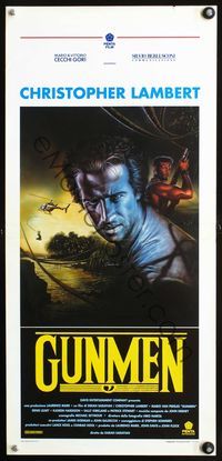 3j120 GUNMEN Italian locandina movie poster '94 cool Cecchini art of Christopher Lambert, jungle!