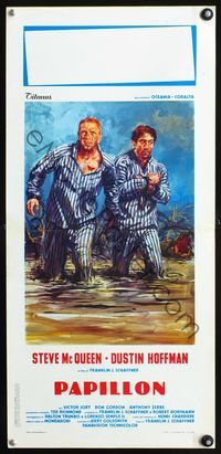 3j210 PAPILLON Italian locandina poster R1970s cool art of Steve McQueen & Dustin Hoffman on the run!