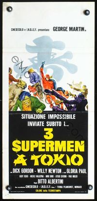 3j276 TRE SUPERMEN A TOKIO Italian locandina '68 Bitto Albertini, cool art of Asian superheroes!