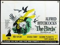 3k133 BIRDS British quad poster R60s Alfred Hitchcock shown, art of Tippi Hedren attacked by birds!
