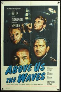 3r024 ABOVE US THE WAVES style A 1sh '56 art of John Mills & crew in English World War II submarine!