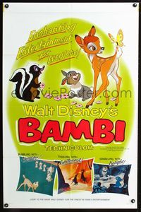 3r067 BAMBI style B one-sheet R66 Walt Disney cartoon deer classic, great image of forest animals!