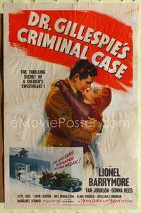 3r256 DR. GILLESPIE'S CRIMINAL CASE one-sheet '43 art of soldier Michael Duane romancing Donna Reed!