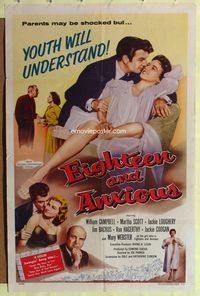 3r271 EIGHTEEN & ANXIOUS one-sheet poster '57 parents may be shocked, but youth will understand!
