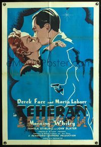 3r866 TEHERAN English one-sheet '48 cool art of Derek Farr kissing Marta Labarr + killer silhouette!