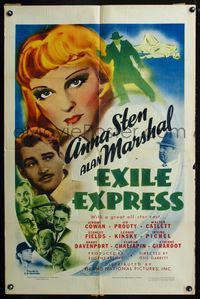 3r288 EXILE EXPRESS one-sheet movie poster '39 great close up art of Anna Sten, Alan Marshal & cast!