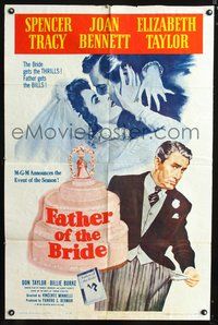 3r300 FATHER OF THE BRIDE one-sheet R62 art of Liz Taylor in wedding gown & broke Spencer Tracy!