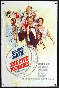 3r327 FIVE PENNIES one-sheet '59 great artwork of Danny Kaye, Louis Armstrong & Barbara Bel Geddes!