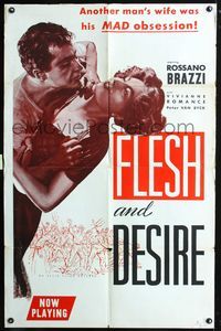 3r331 FLESH & DESIRE 1sh '58 La Chair et le diable, wild image of Rossano Brazzi & Viviane Romance!