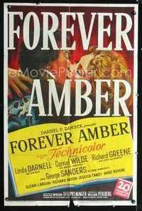 3r343 FOREVER AMBER 1sheet '47 art of sexy Linda Darnell, Cornel Wilde, directed by Otto Preminger!