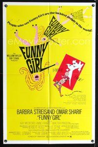 3r354 FUNNY GIRL one-sheet poster '69 Barbra Streisand, Omar Sharif, William Wyler, Bob Peak art!