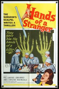 3r410 HANDS OF A STRANGER one-sheet movie poster '62 cool hand transplant surgery & X-ray image!