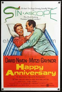 3r412 HAPPY ANNIVERSARY one-sheet '59 great romantic art of David Niven & Mitzi Gaynor in bed!