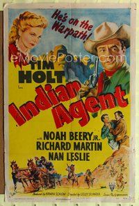 3r475 INDIAN AGENT one-sheet poster '48 art of pretty Nan Leslie & Tim Holt, who is on the warpath!