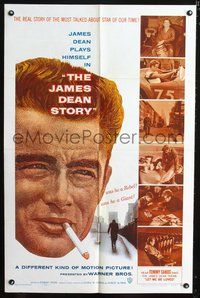 3r495 JAMES DEAN STORY one-sheet '57 cool close up smoking artwork, was he a Rebel or a Giant?