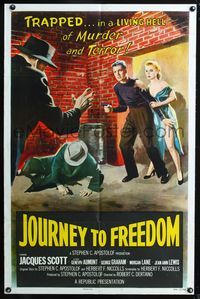 3r504 JOURNEY TO FREEDOM 1sheet '57 trapped in living hell of murder and terror, cool art!