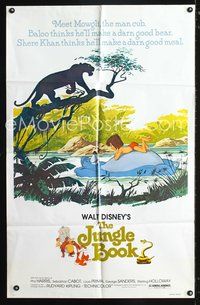 3r506 JUNGLE BOOK one-sheet R78 Walt Disney cartoon classic, cool art of Mowgli floating on Baloo!