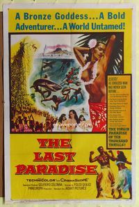 3r527 LAST PARADISE one-sheet '58 art of super sexy topless island babes + men fighting sharks!