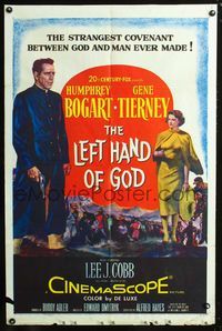 3r530 LEFT HAND OF GOD one-sheet '55 artwork of priest Humphrey Bogart holding gun & Gene Tierney!