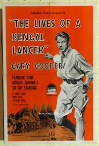 3r541 LIVES OF A BENGAL LANCER one-sheet R58 great full-length artwork of Gary Cooper with gun!