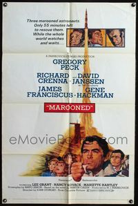 3r585 MAROONED style C one-sheet '69 Gregory Peck & Gene Hackman, great Terpning cast & rocket art!