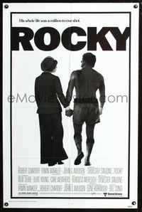 3r725 ROCKY one-sheet '77 boxer Sylvester Stallone holding hands with Talia Shire, boxing classic!