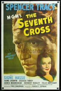 3r766 SEVENTH CROSS one-sheet movie poster '44 great portrait image of Spencer Tracy & Signe Hasso!