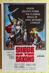3r779 SIEGE OF THE SAXONS one-sheet poster '63 King Arthur's Camelot, cool knight on horseback art!