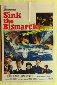 3r786 SINK THE BISMARCK one-sheet poster '60 Kenneth More, great WWII clash of battleships art!