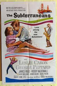 3r838 SUBTERRANEANS one-sheet '60 Jack Kerouac, sexy art of Leslie Caron & George Peppard as beats!