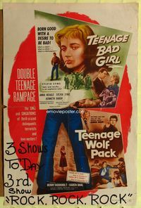 3r864 TEENAGE BAD GIRL/TEENAGE WOLF PACK 1sheet '57 crazed delinquents, terrorists & love-nesters!