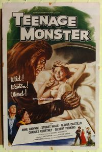 3r865 TEENAGE MONSTER one-sheet '57 great art of wacky beast attacking sexy Anne Gwynne in bed!