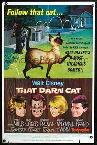 3r870 THAT DARN CAT style B one-sheet poster '65 Hayley Mills, great art of Disney Siamese feline!