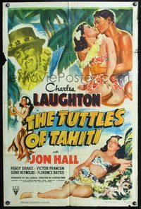 3r920 TUTTLES OF TAHITI 1sheet '42 art of tropical Charles Laughton, Jon Hall & sexy island babes!