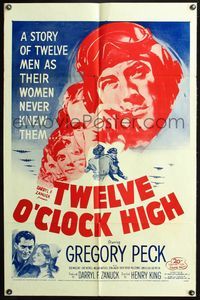 3r921 TWELVE O'CLOCK HIGH one-sheet poster R55 cool close up art of military pilot Gregory Peck!