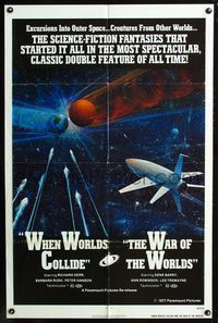 3r968 WHEN WORLDS COLLIDE/WAR OF THE WORLDS DB 1sh '77 cool sci-fi art of rocket in space by Berkey!