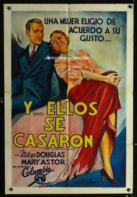 3t591 AND SO THEY WERE MARRIED  Argentinean '36 full-length art of Melvyn Douglas & Mary Astor!