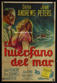 3t639 DEEP WATERS Argentinean movie poster '48 artwork of Dana Andrews holding sexy Jean Peters!